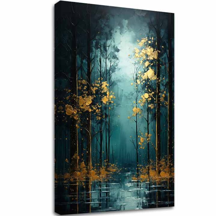 Art deco tablou pe pânză cu motivul copaci, pădure, peisaj, natură în albastru-verde nuanțe, natură și mister, potrivit pentru sufragerie | Modern de perete decor Zlatá listová fantázia - PREMIUM ART