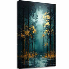 Art deco tablou pe pânză cu motivul copaci, pădure, peisaj, natură în albastru-verde nuanțe, natură și mister, potrivit pentru sufragerie | Modern de perete decor Zlatá listová fantázia - PREMIUM ART