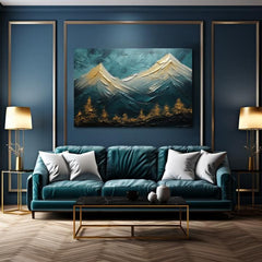 Art deco tablou pe pânză cu motivul munți, cer, peisaj în albastru-verde nuanțe, atmosferă liniștită, natură și sălbăticie, potrivit pentru sufragerie – produs