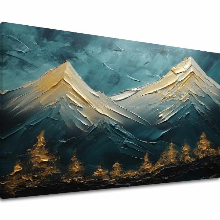 Art deco tablou pe pânză cu motivul munți, cer, peisaj în albastru-verde nuanțe, atmosferă liniștită, natură și sălbăticie, potrivit pentru sufragerie – principală