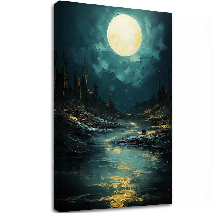 Art deco tablou pe pânză cu motivul râu, cer de noapte, peisaj, natură în alb-albastru nuanțe, atmosferă misterioasă, singurătate și natură, potrivit pentru sufragerie – principală