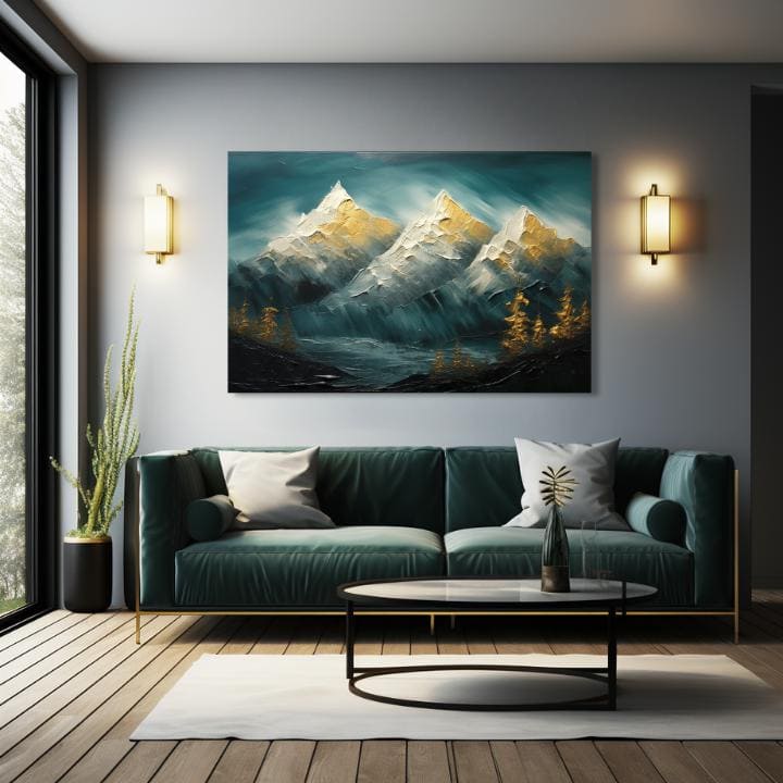 Art deco tablou pe pânză cu motivul munți, zăpadă, copaci, cer, peisaj în albastru-verde nuanțe, atmosferă liniștită, natură și aventură – produs