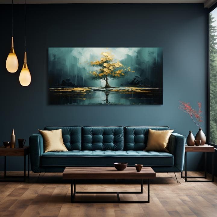 Art deco tablou pe pânză cu motivul copac, ceață ușoară, natură în albastru-verde nuanțe, atmosferă liniștită, natură și contemplare, potrivit pentru sufragerie – produs, vedere 2