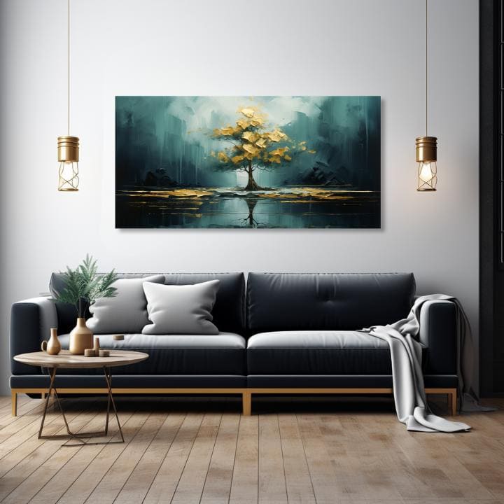 Art deco tablou pe pânză cu motivul copac, ceață ușoară, natură în albastru-verde nuanțe, atmosferă liniștită, natură și contemplare, potrivit pentru sufragerie – produs
