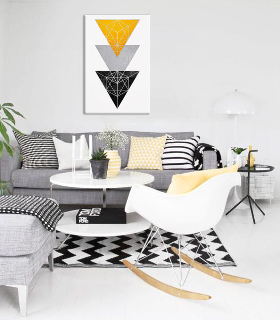 Geometric tablou pe pânză cu motivul Resignation with Poetry, modele geometrice, natură în alb-gri nuanțe agățat în interiorul sufragerie – interior