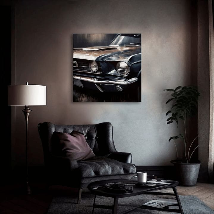 Vintage tablou pe pânză cu motivul Cválajúci americký sen, automobil, hartă în albastru nuanțe, potrivit pentru birou | Dizajnová decorațiune na pânză Cválajúci americký sen – produs, vedere 2