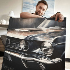 Vintage tablou pe pânză cu motivul Cválajúci americký sen, automobil, hartă în albastru nuanțe, potrivit pentru birou | Dizajnová decorațiune na pânză Cválajúci americký sen – produs