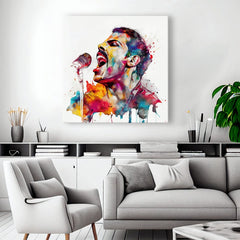 Pop art tablou pe pânză cu motivul Ikonický rebel Freddie Mercury, microfon în violet-albastru nuanțe, atmosferă energică, rock and roll, potrivit pentru birou de lucru – produs