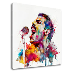 Pop art tablou pe pânză cu motivul Ikonický rebel Freddie Mercury, microfon în violet-albastru nuanțe, atmosferă energică, rock and roll, potrivit pentru birou de lucru – principală