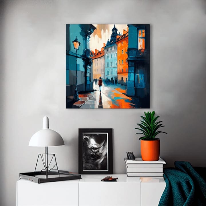 Clasic tablou pe pânză cu motivul Praha v srdci Európy, motiv urban în crem-albastru nuanțe, potrivit pentru hol | Dizajnová decorațiune na pânză Praha v srdci Európy – produs
