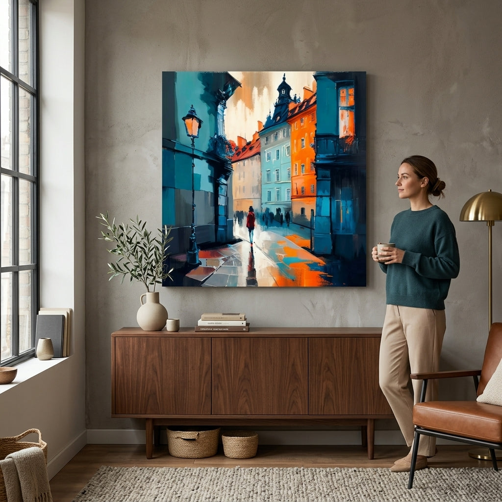 Clasic tablou pe pânză cu motivul Praha v srdci Európy, motiv urban în crem-albastru nuanțe agățat în interiorul hol | Dizajnová decorațiune na pânză Praha v srdci Európy – interior