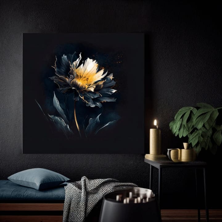 Art deco tablou pe pânză cu motivul Temné pokušenie, floare, frunze, flori, natură în alb-galben nuanțe, atmosferă ambientală, natură și singurătate – produs