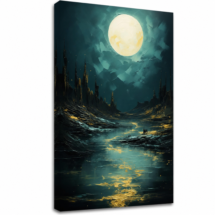 Tabloul Lună deasupra stâncilor misterioase – scenă nocturnă auriu-turcoaz, pânză 3D canvas gallery-wrap finisată manual cu acril.