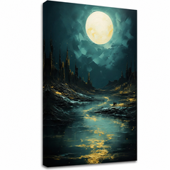 Tabloul Lună deasupra stâncilor misterioase – scenă nocturnă auriu-turcoaz, pânză 3D canvas gallery-wrap finisată manual cu acril.