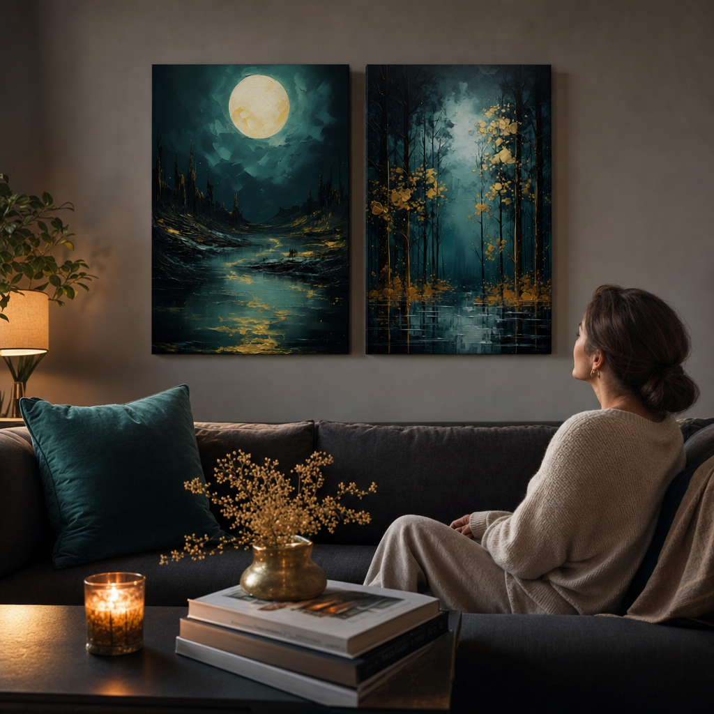 Set de 2 tablouri premium Papilora Zlatá príroda – Lună deasupra stâncilor și Fantezie cu frunze aurii – pânze gallery-wrap deasupra canapelei într-un living elegant.
