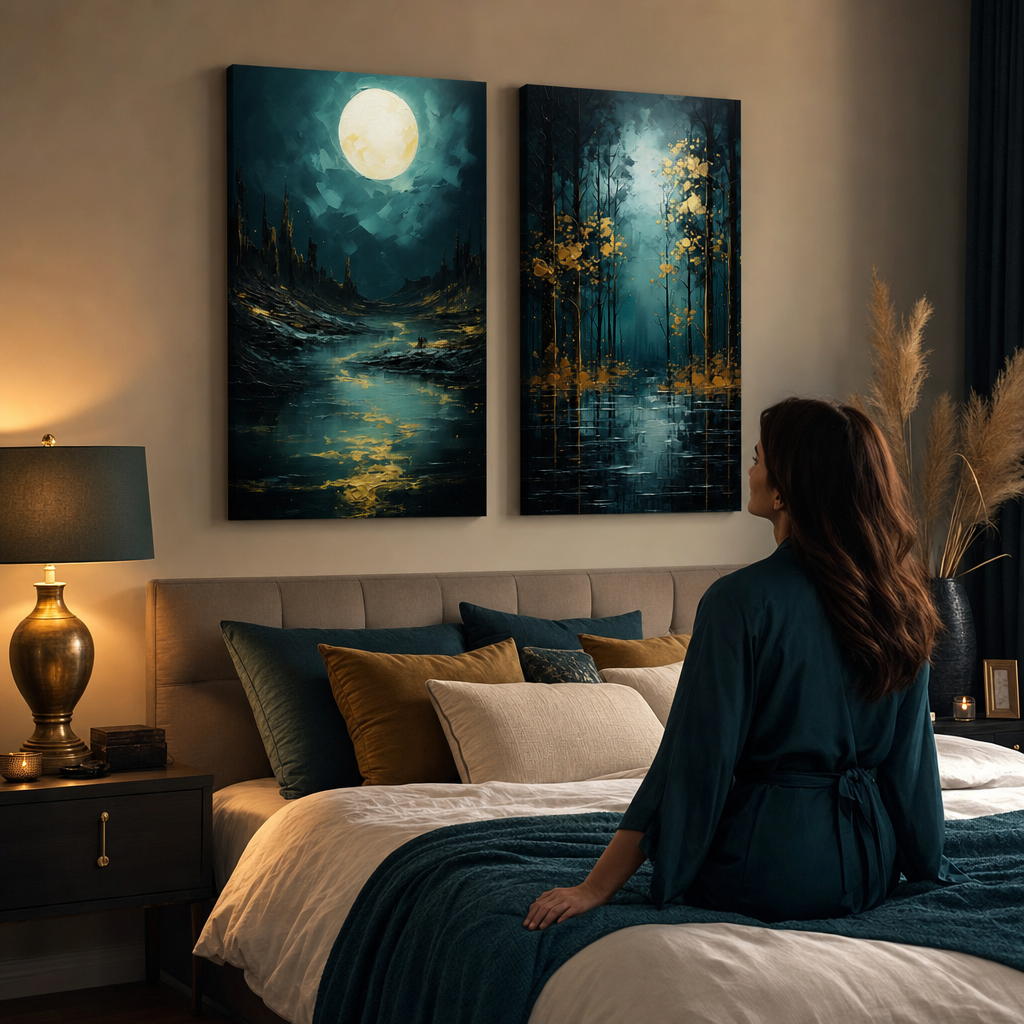 Set de 2 tablouri Zlatá príroda – Lună deasupra stâncilor misterioase și Fantezie cu frunze aurii – pânze gallery-wrap deasupra patului într-un dormitor elegant.