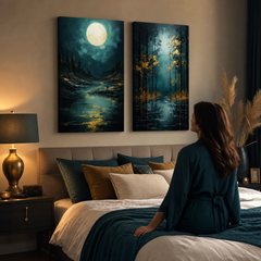 Set de 2 tablouri Zlatá príroda – Lună deasupra stâncilor misterioase și Fantezie cu frunze aurii – pânze gallery-wrap deasupra patului într-un dormitor elegant.