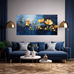 Modern tablou pe pânză cu motivul Modrá oáza radosti, flori, natură în albastru-auriu nuanțe, atmosferă elegantă, natură și eleganță, potrivit pentru sufragerie – produs