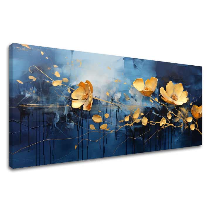 Modern tablou pe pânză cu motivul Modrá oáza radosti, flori, natură în albastru-auriu nuanțe, atmosferă elegantă, natură și eleganță, potrivit pentru sufragerie – principală