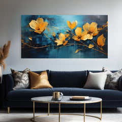 Modern tablou pe pânză cu motivul Jemnosť modrého sveta, flori, natură în albastru-auriu nuanțe, atmosferă elegantă, natură și eleganță, potrivit pentru birou – produs