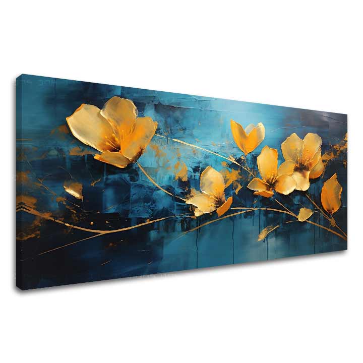 Modern tablou pe pânză cu motivul Jemnosť modrého sveta, flori, natură în albastru-auriu nuanțe, atmosferă elegantă, natură și eleganță, potrivit pentru birou – principală