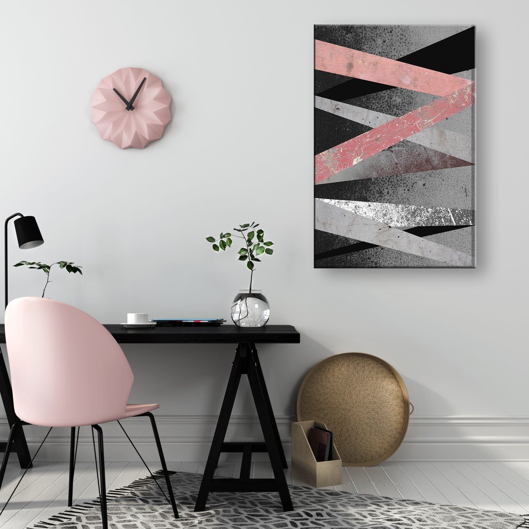 Pop art tablou pe pânză cu motivul Restricted Elegance în violet-albastru nuanțe agățat în interiorul sufragerie, atmosferă sofisticată, minimalism – interior