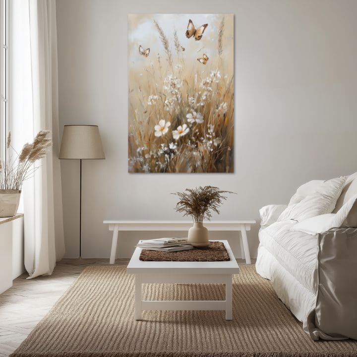 Modern tablou pe pânză cu motivul Irisin fluture, fluturi, pajiște în alb nuanțe, atmosferă liniștită, natură și atmosferă de primăvară | Tablou Irisin fluture – produs, vedere 2