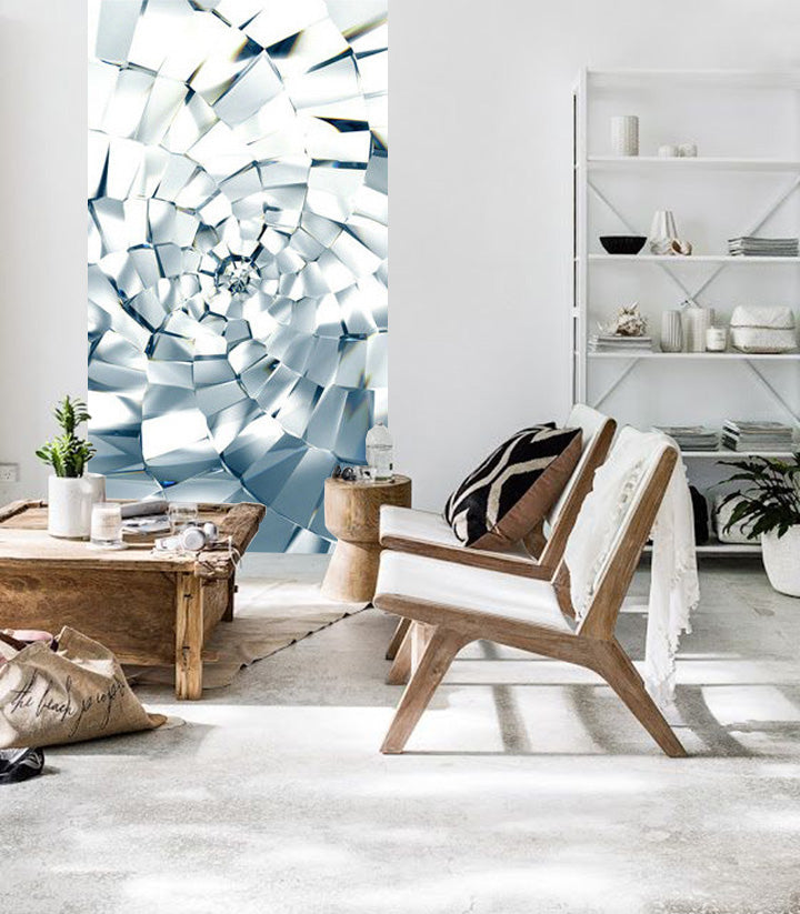 Geometric tablou pe pânză cu motivul + lipici Gratuit, natură în alb-albastru nuanțe agățat în interiorul birou de lucru, atmosferă liniștită | Fototapet de perete + lipici Gratuit – interior