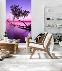Modern tablou pe pânză cu motivul + lipici Gratuit, copac, cer, apus de soare, natură în violet-roz nuanțe agățat în interiorul dormitor – interior