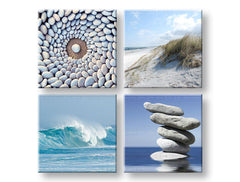 Colaj tablou pe pânză cu motivul Harmony, ocean, plajă, valuri, mare și plajă în alb-bej nuanțe, atmosferă liniștită, natură, execuție multi-panou – principală
