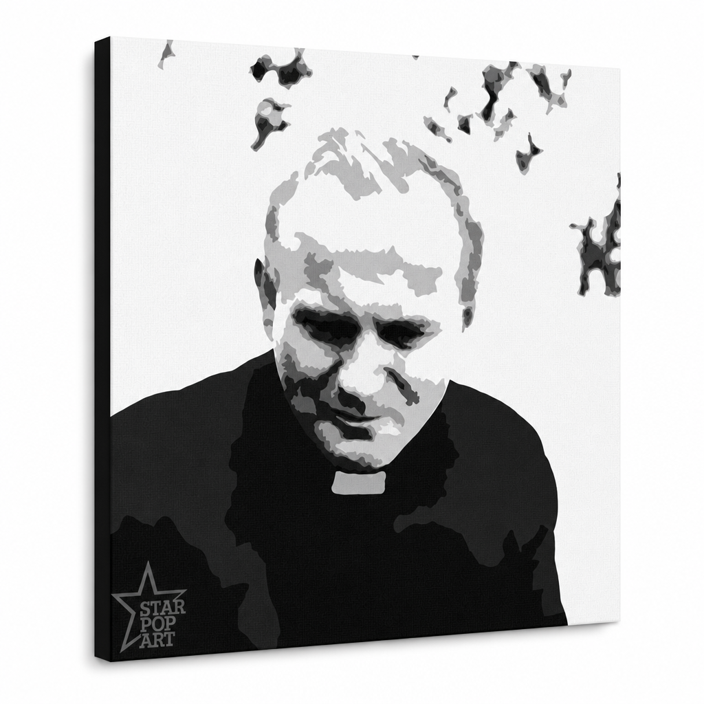 Tablou de perete POP Art pictată manual a lui Ioan Paul al II-lea. 1 parte jp – Vizualizare 3D a tabloului pictat manual pe fundal alb. Culori dominante: negru, alb, gri.