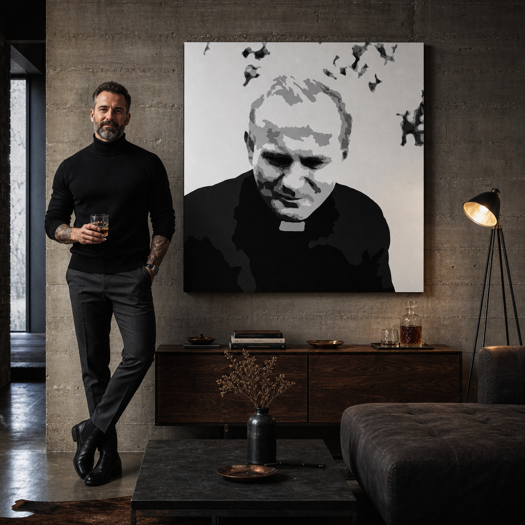 Tablou de perete POP Art pictată manual a lui Ioan Paul al II-lea. 1 parte jp – tablou într-un interior modern masculin, vizualizare lifestyle. Culori dominante: negru, alb, gri.