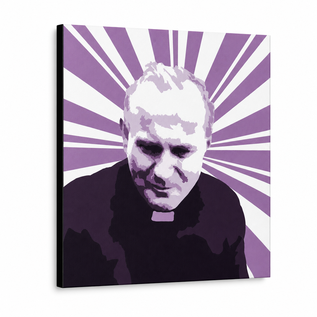 Tablou de perete POP Art pictată manual a lui Ioan Paul al II-lea. 1 parte jp2 – Vizualizare 3D a tabloului pictat manual pe fundal alb. Culori dominante: mov, negru, alb.