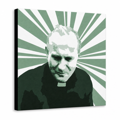 Tablou de perete POP Art pictată manual a lui Ioan Paul al II-lea. 1 parte jp3 – Vizualizare 3D a tabloului pictat manual pe fundal alb. Culori dominante: verde, alb, negru.