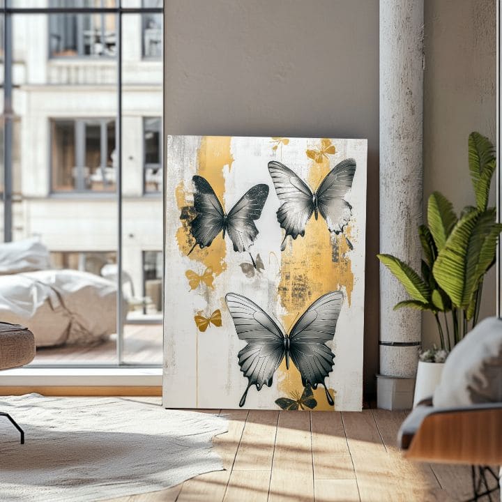 Modern tablou pe pânză cu motivul y fluturi - Mystické Krídla, fluturi în alb-negru nuanțe, atmosferă elegantă, natură și eleganță | Tablouri fluturi - Mystické Krídla – produs, vedere 3