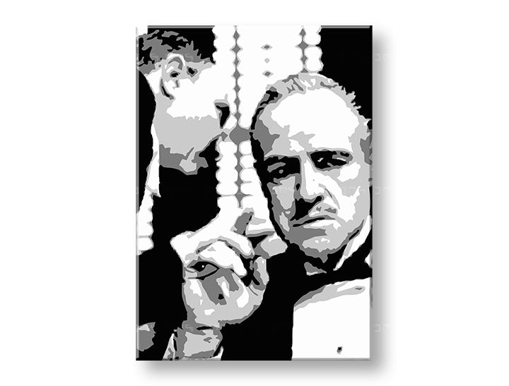Modern tablou pe pânză cu motivul GODFATHER în negru-alb nuanțe, atmosferă dramatică, familie și forță și putere | POP Art tablou GODFATHER – produs, vedere 2