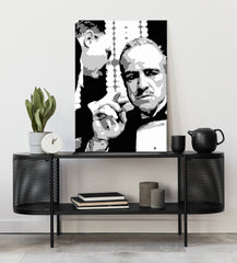 Modern tablou pe pânză cu motivul GODFATHER în negru-alb nuanțe, atmosferă dramatică, familie și forță și putere | POP Art tablou GODFATHER – principală [XOBPPGFOH]