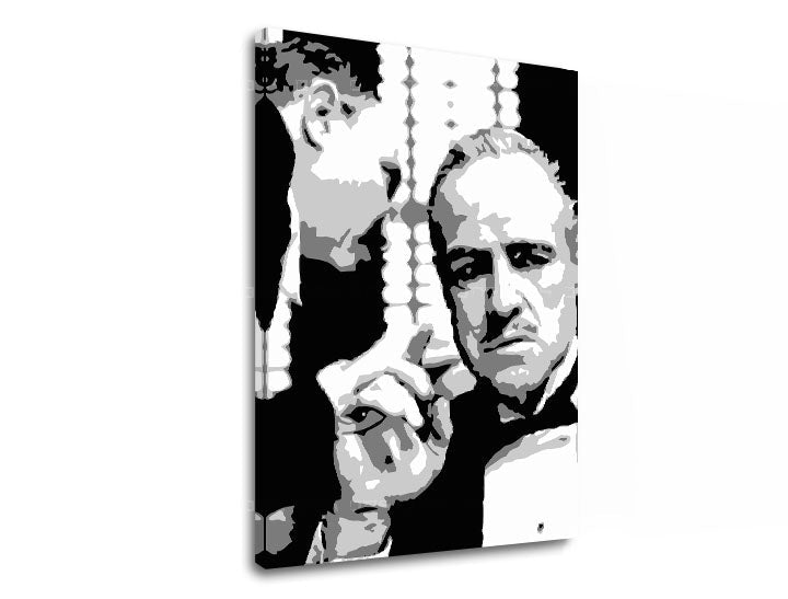 Modern tablou pe pânză cu motivul GODFATHER în negru-alb nuanțe, atmosferă dramatică, familie și forță și putere | POP Art tablou GODFATHER – produs