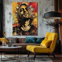 Modern tablou pe pânză în galben-negru nuanțe, rock and roll și istorie muzicală | Kurt Cobain na pânză - Hudobná revolúcia – produs