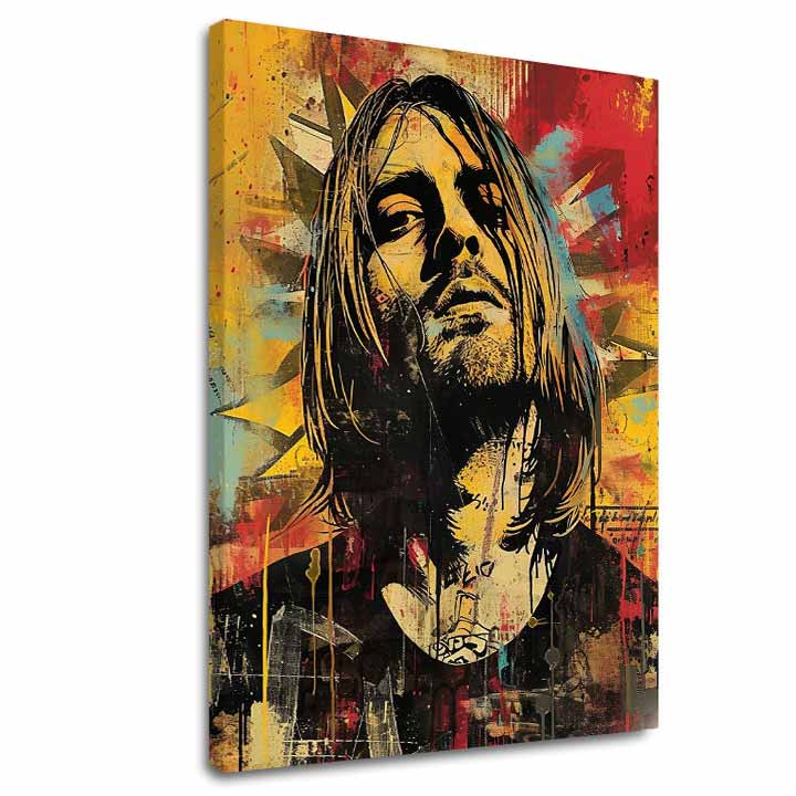 Modern tablou pe pânză în galben-negru nuanțe, rock and roll și istorie muzicală | Kurt Cobain na pânză - Hudobná revolúcia – principală