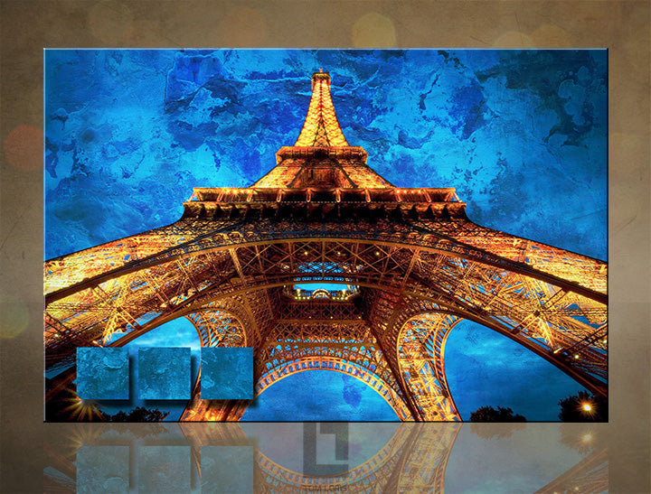 Modern tablou pe pânză cu motivul Turnul Eiffel, Paríž, cer de noapte, motiv pentru copii în albastru-auriu nuanțe, atmosferă maiestuoasă, potrivit pentru sufragerie – principală
