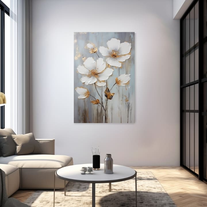 În stil scandinav tablou pe pânză cu motivul Krása jednoduchosti, flori, hartă, natură în alb-albastru nuanțe, atmosferă liniștită, potrivit pentru hol – produs