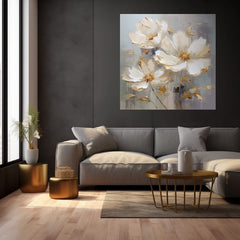 Modern tablou pe pânză cu motivul Potešenie pre vaše zmysly, flori, frunze în crem-auriu nuanțe, atmosferă liniștită, natură și eleganță – produs