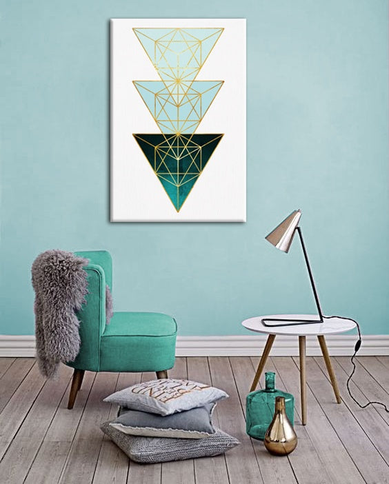 Geometric tablou pe pânză cu motivul Pure Meditation în alb-verde nuanțe agățat în interiorul sufragerie, atmosferă liniștită | Tablou de perete Pure Meditation – interior