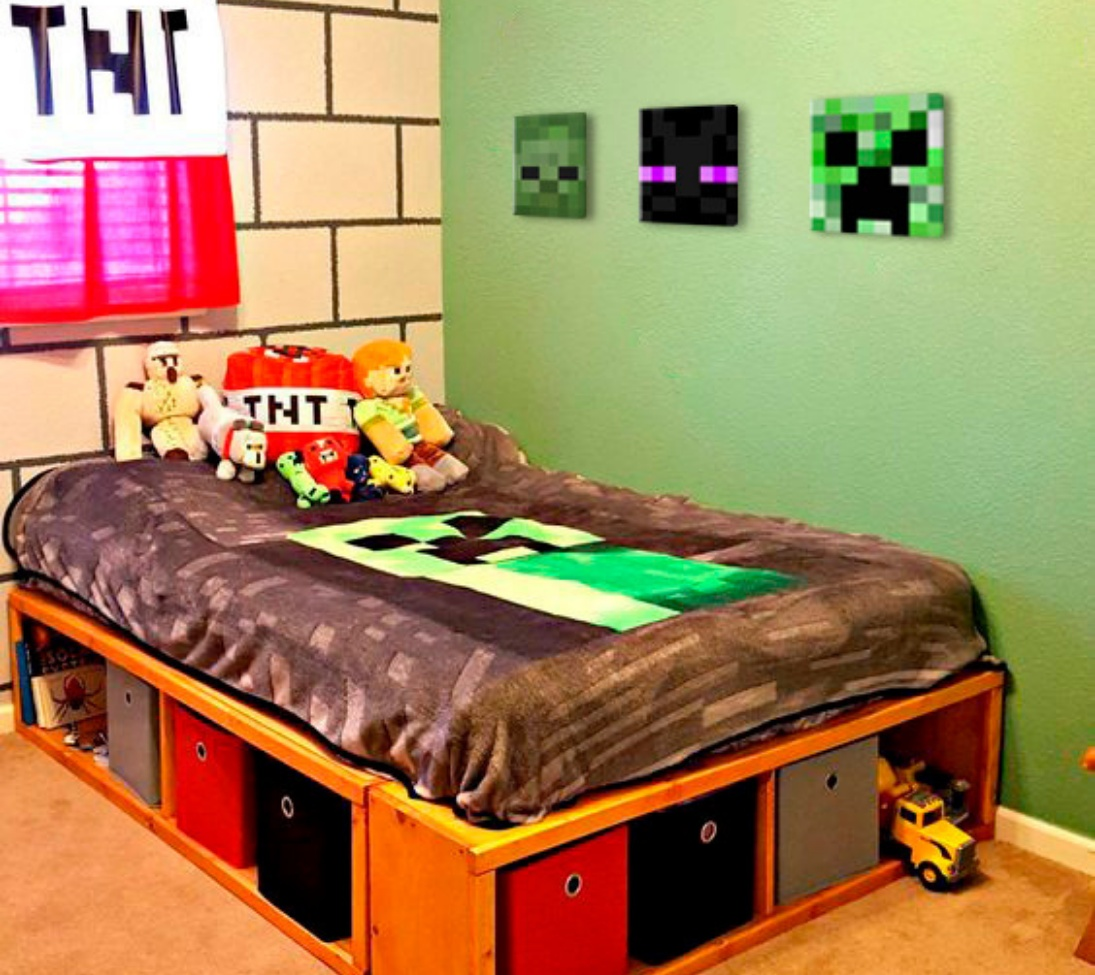 Modern tablou pe pânză în verde-negru nuanțe, atmosferă jucăușă, aventură | Minecraft tablou - Najlepšie postavičky na pânză - Creeper, Enderman, Zombie – produs