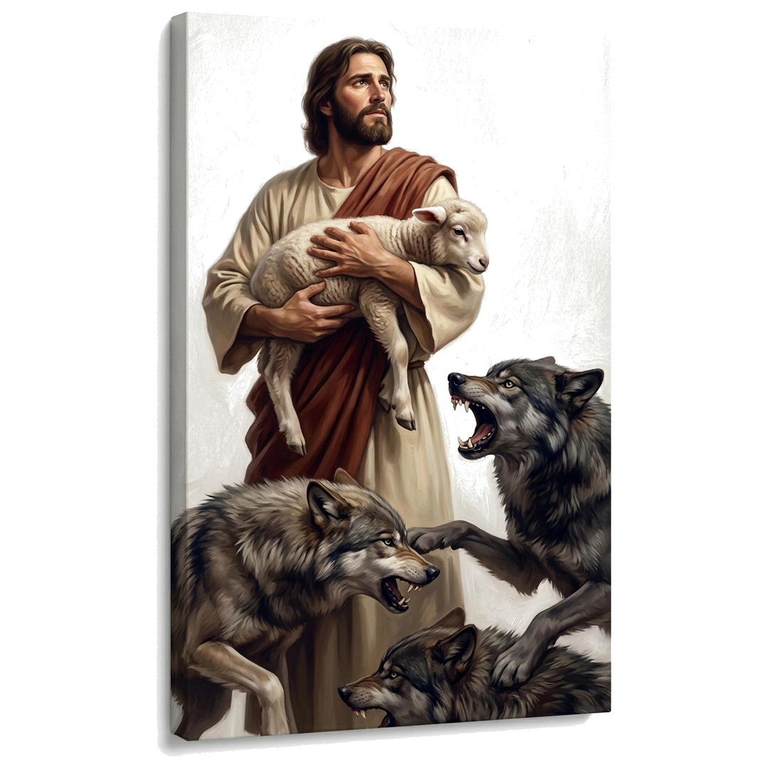 Tablou modern cu Isus Hristos protejând mielușelul de lupi, vizualizare 3D a pânzei pe șasiu de lemn, calitate premium de la Papilora.