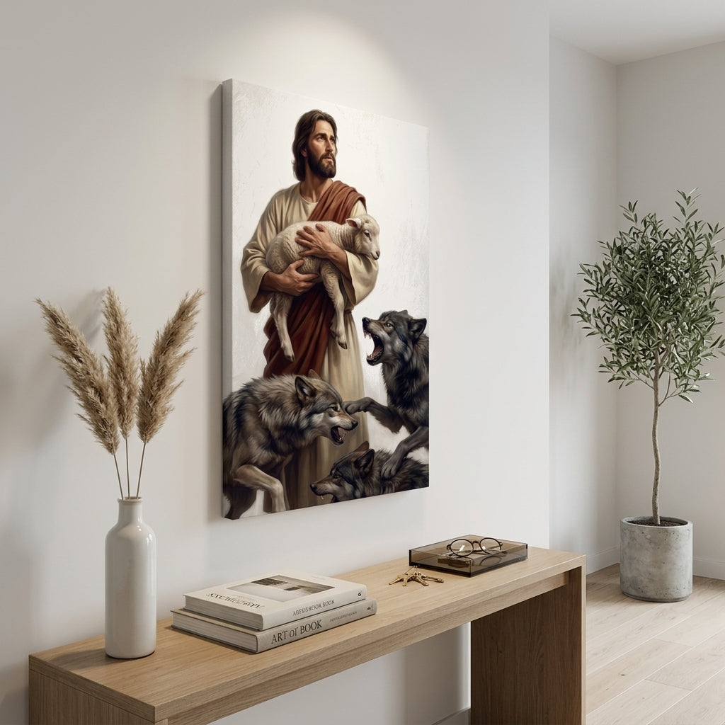 Tablou cu motiv biblic Isus Hristos, amplasat într-un interior stilat cu lumină naturală, ideal pentru decorarea casei cu bun gust.