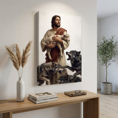 Tablou religios cu Isus Hristos și mielușel, expus într-un living modern deasupra unei console din lemn, decor elegant și minimalist.