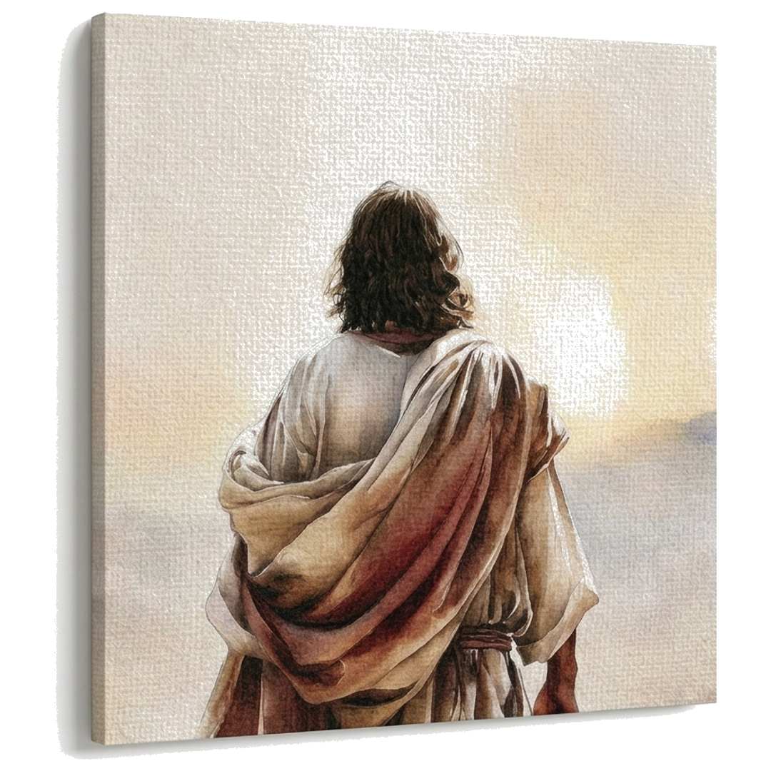 Tablou cu Isus Hristos în veșminte lungi, vedere din spate, vizualizare 3D canvas pe șasiu de lemn, decor spiritual premium de la Papilora.