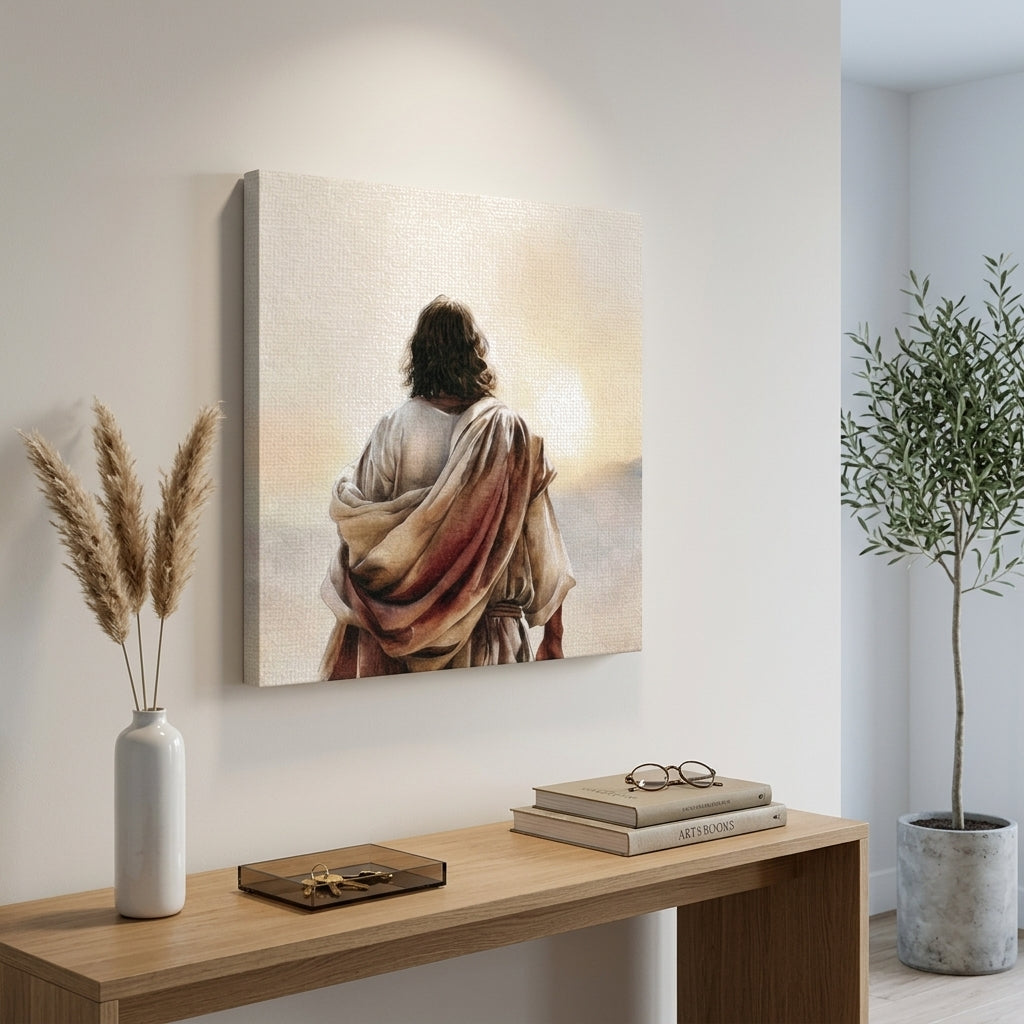Tablou cu Isus Hristos amplasat într-un interior stilizat, decorat cu elemente minimaliste și lumină naturală, design interior elegant.